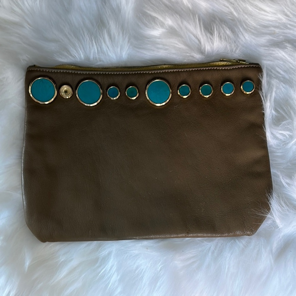 Chic Brown Clutch/Makeup Bag with Turquoise Accents